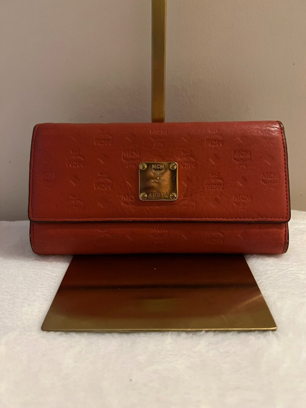 MCM Visetos Embossed Leather Trifold Wallet Brick Red Like New